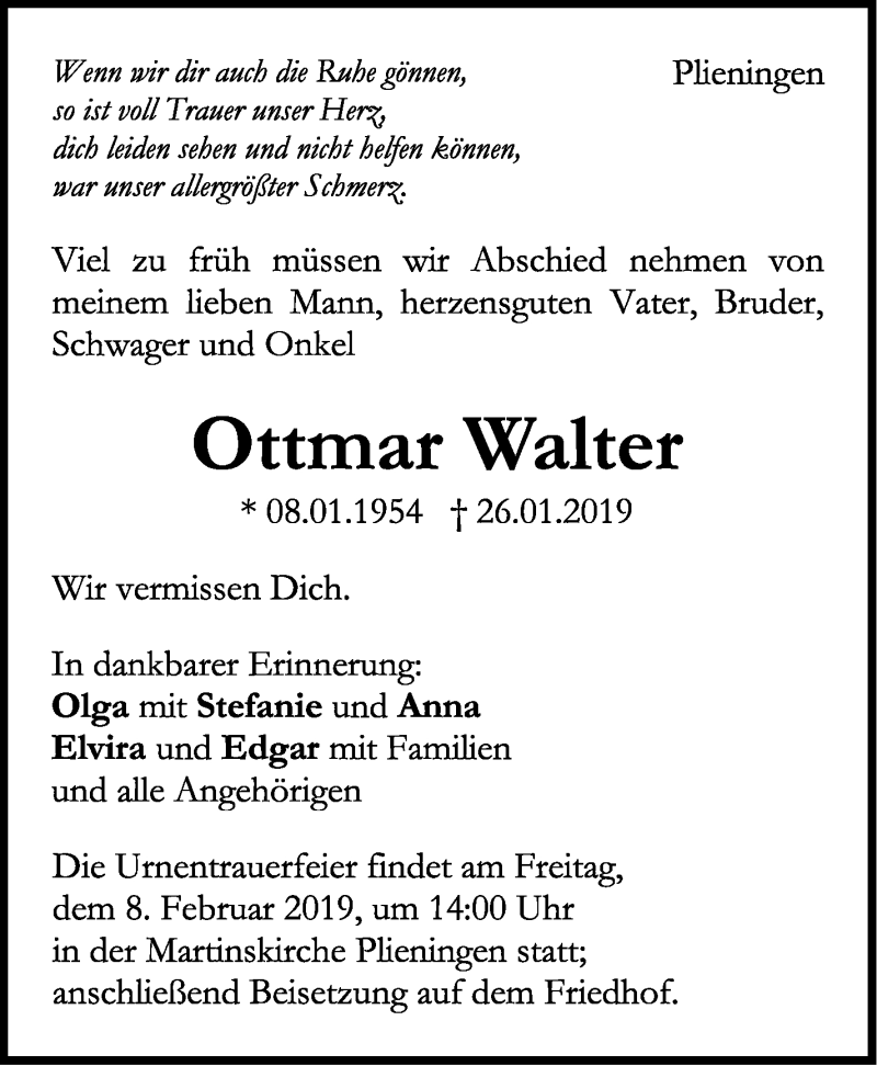  Traueranzeige für Ottmar Walter vom 04.02.2019 aus Stuttgarter Zeitung / Stuttgarter Nachrichten