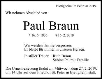 Traueranzeige von Paul Braun von Stuttgarter Zeitung / Stuttgarter Nachrichten