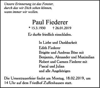 Traueranzeige von Paul Fiederer von Stuttgarter Zeitung / Stuttgarter Nachrichten