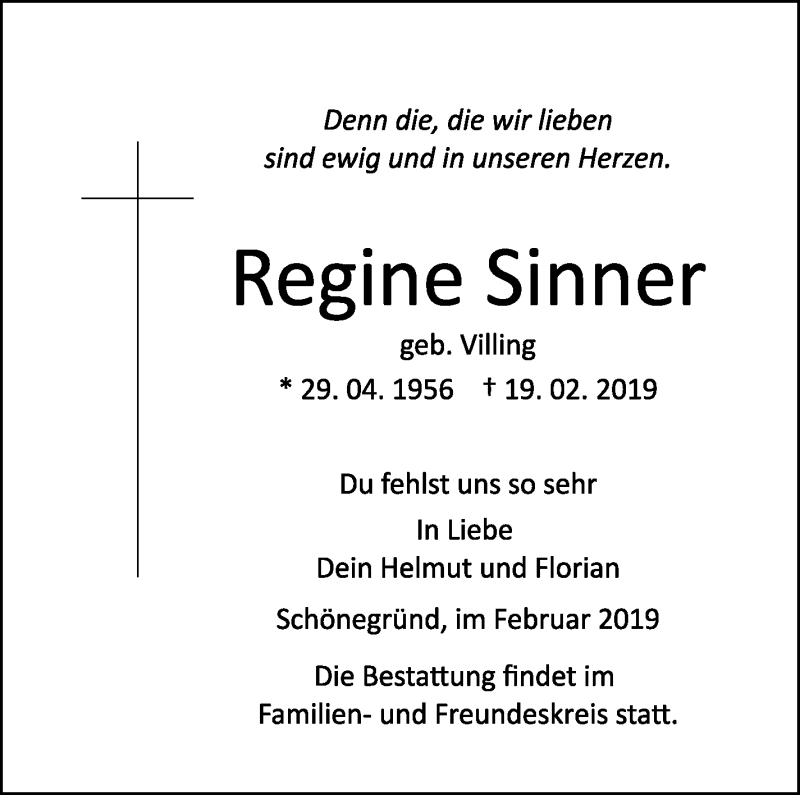  Traueranzeige für Regine Sinner vom 23.02.2019 aus Stuttgarter Zeitung / Stuttgarter Nachrichten