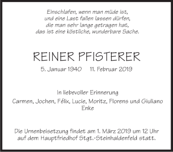 Traueranzeige von Reiner Pfisterer von Stuttgarter Zeitung / Stuttgarter Nachrichten