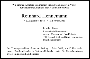 Traueranzeige von Reinhard Hennemann von Stuttgarter Zeitung / Stuttgarter Nachrichten