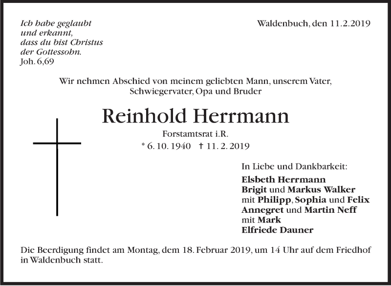  Traueranzeige für Reinhold Herrmann vom 14.02.2019 aus Stuttgarter Zeitung / Stuttgarter Nachrichten