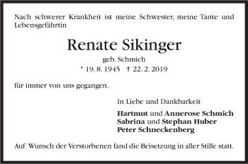 Traueranzeige von Renate Sikinger von Stuttgarter Zeitung / Stuttgarter Nachrichten