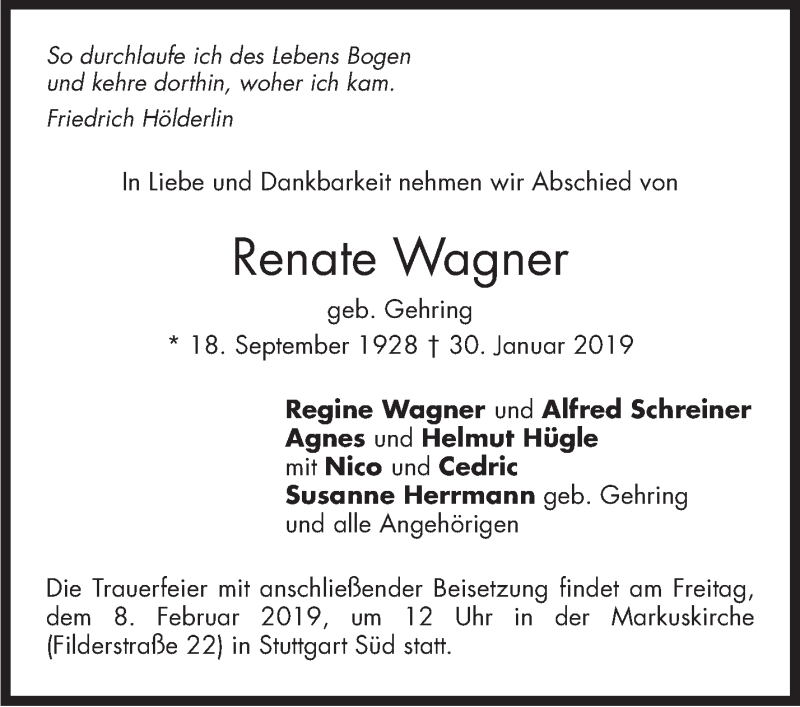  Traueranzeige für Renate Wagner vom 05.02.2019 aus Stuttgarter Zeitung / Stuttgarter Nachrichten