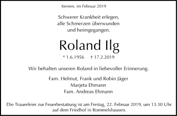Traueranzeige von Roland Ilg von Stuttgarter Zeitung / Stuttgarter Nachrichten
