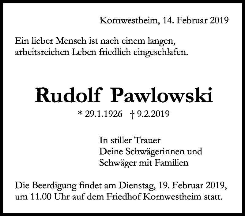 Traueranzeige für Rudolf Pawlowski vom 14.02.2019 aus Stuttgarter Zeitung / Stuttgarter Nachrichten