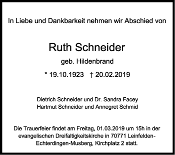 Traueranzeige von Ruth Schneider von Stuttgarter Zeitung / Stuttgarter Nachrichten