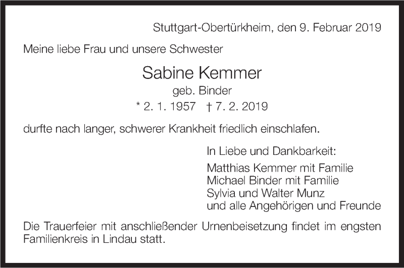  Traueranzeige für Sabine Kemmer vom 09.02.2019 aus Stuttgarter Zeitung / Stuttgarter Nachrichten