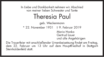 Traueranzeige von Theresia Paul von Stuttgarter Zeitung / Stuttgarter Nachrichten