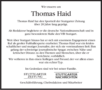 Traueranzeige von Thomas Haid von Stuttgarter Zeitung / Stuttgarter Nachrichten