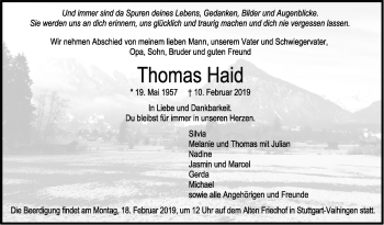 Traueranzeige von Thomas Haid von Stuttgarter Zeitung / Stuttgarter Nachrichten