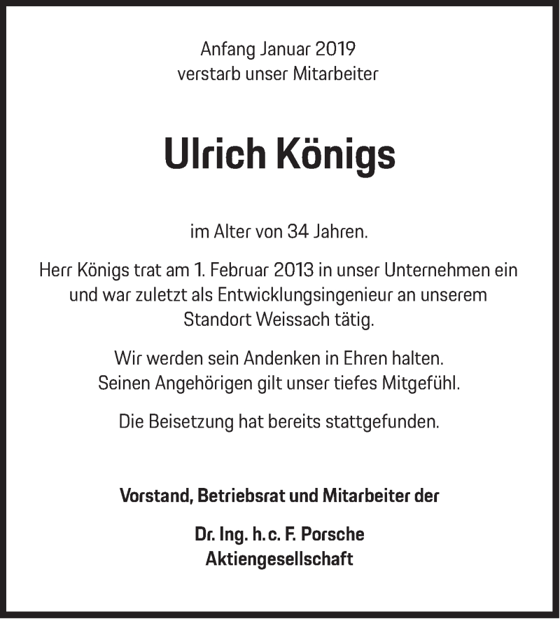  Traueranzeige für Ulrich Königs vom 11.02.2019 aus Stuttgarter Zeitung / Stuttgarter Nachrichten