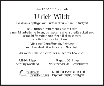 Traueranzeige von Ulrich Wildt von Stuttgarter Zeitung / Stuttgarter Nachrichten