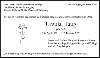 Traueranzeige von Ursula Haug von Stuttgarter Zeitung / Stuttgarter Nachrichten