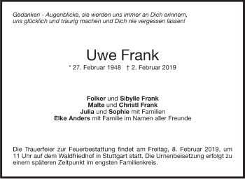 Traueranzeige von Uwe Frank von Stuttgarter Zeitung / Stuttgarter Nachrichten