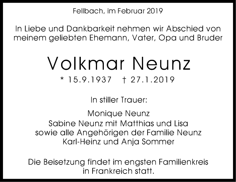  Traueranzeige für Volkmar Neunz vom 02.02.2019 aus Stuttgarter Zeitung / Stuttgarter Nachrichten