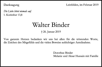 Traueranzeige von Walter Binder von Stuttgarter Zeitung / Stuttgarter Nachrichten