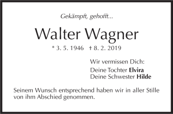 Traueranzeige von Walter Wagner von Stuttgarter Zeitung / Stuttgarter Nachrichten