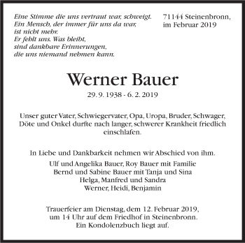 Traueranzeige von Werner Bauer von Stuttgarter Zeitung / Stuttgarter Nachrichten