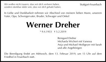Traueranzeige von Werner Dreher von Stuttgarter Zeitung / Stuttgarter Nachrichten