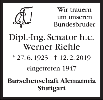 Traueranzeige von Werner Riehle von Stuttgarter Zeitung / Stuttgarter Nachrichten