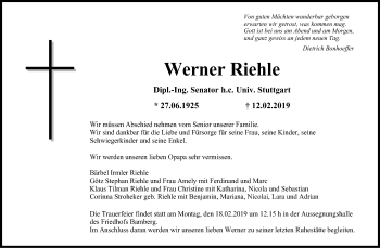 Traueranzeige von Werner Riehle von Stuttgarter Zeitung / Stuttgarter Nachrichten