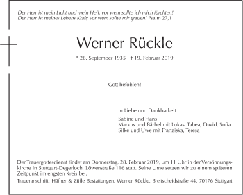 Traueranzeige von Werner Rückle von Stuttgarter Zeitung / Stuttgarter Nachrichten