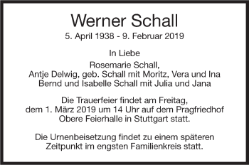 Traueranzeige von Werner Schall von Stuttgarter Zeitung / Stuttgarter Nachrichten