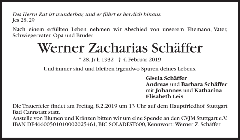  Traueranzeige für Werner Zacharias Schäffer vom 06.02.2019 aus Stuttgarter Zeitung / Stuttgarter Nachrichten