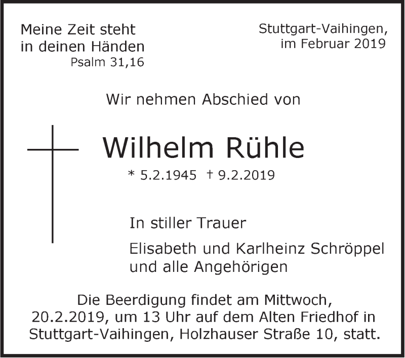  Traueranzeige für Wilhelm Rühle vom 14.02.2019 aus Stuttgarter Zeitung / Stuttgarter Nachrichten