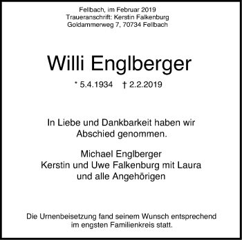 Traueranzeige von Willi Englberger von Stuttgarter Zeitung / Stuttgarter Nachrichten