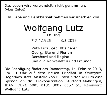 Traueranzeige von Wolfgang Lutz von Stuttgarter Zeitung / Stuttgarter Nachrichten