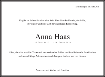 Traueranzeige von Anna Haas von Stuttgarter Zeitung / Stuttgarter Nachrichten