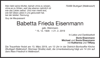 Traueranzeige von Babetta Frieda Eisenmann von Stuttgarter Zeitung / Stuttgarter Nachrichten