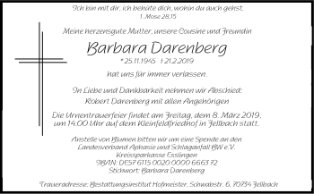 Traueranzeige von Barbara Darenberg von Stuttgarter Zeitung / Stuttgarter Nachrichten