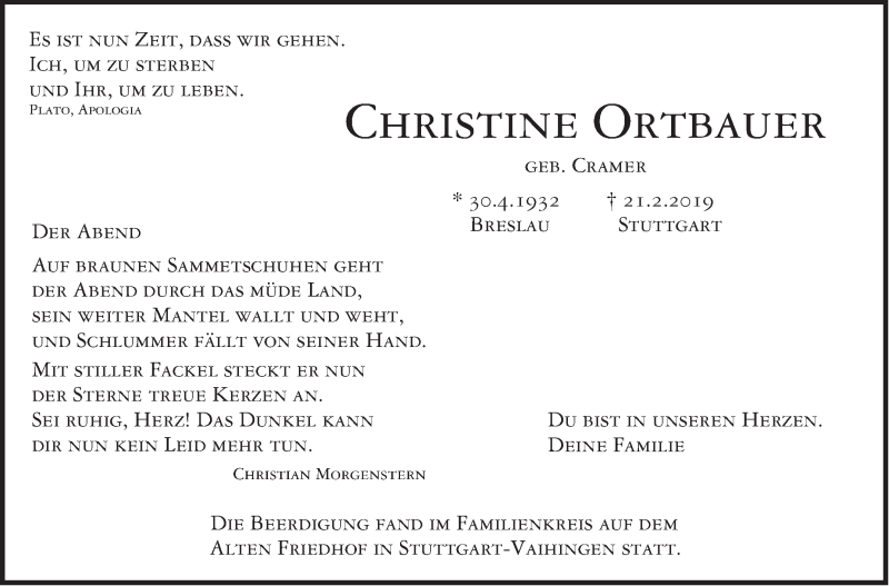  Traueranzeige für Christine Ortbauer vom 02.03.2019 aus Stuttgarter Zeitung / Stuttgarter Nachrichten