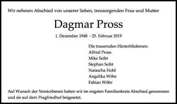 Traueranzeige von Dagmar Pross von Stuttgarter Zeitung / Stuttgarter Nachrichten