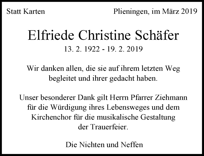  Traueranzeige für Elfriede Christine Schäfer vom 09.03.2019 aus Stuttgarter Zeitung / Stuttgarter Nachrichten