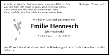 Traueranzeige von Emilie Hennesch von Stuttgarter Zeitung / Stuttgarter Nachrichten