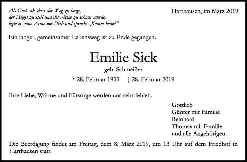  Traueranzeige für Emilie Sick vom 05.03.2019 aus Stuttgarter Zeitung / Stuttgarter Nachrichten