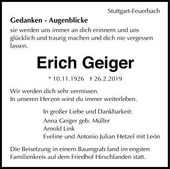 Traueranzeige von Erich Geiger von Stuttgarter Zeitung / Stuttgarter Nachrichten