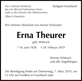 Traueranzeige von Erna Theurer von Stuttgarter Zeitung / Stuttgarter Nachrichten