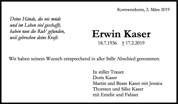 Traueranzeige von Erwin Kaser von Stuttgarter Zeitung / Stuttgarter Nachrichten
