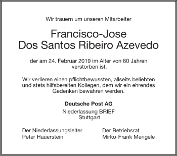 Traueranzeige von Francisco-Jose Dos Santos Ribeiro Azevedo von Stuttgarter Zeitung / Stuttgarter Nachrichten