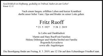 Traueranzeige von Fritz Ruoff von Stuttgarter Zeitung / Stuttgarter Nachrichten