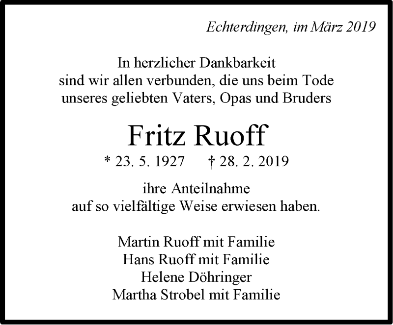  Traueranzeige für Fritz Ruoff vom 29.03.2019 aus Stuttgarter Zeitung / Stuttgarter Nachrichten