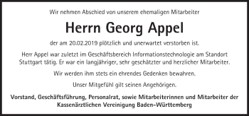 Traueranzeige von Georg Appel von Stuttgarter Zeitung / Stuttgarter Nachrichten