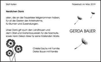 Traueranzeige von Gerda Bauer von Stuttgarter Zeitung / Stuttgarter Nachrichten