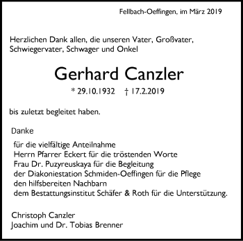 Traueranzeige von Gerhard Canzler von Stuttgarter Zeitung / Stuttgarter Nachrichten